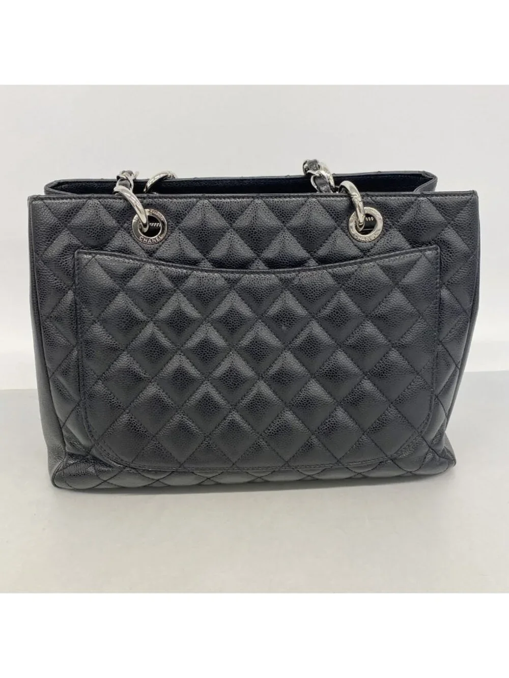 Chanel Chain Tote Bag Quilted Caviar Leather Black Silver